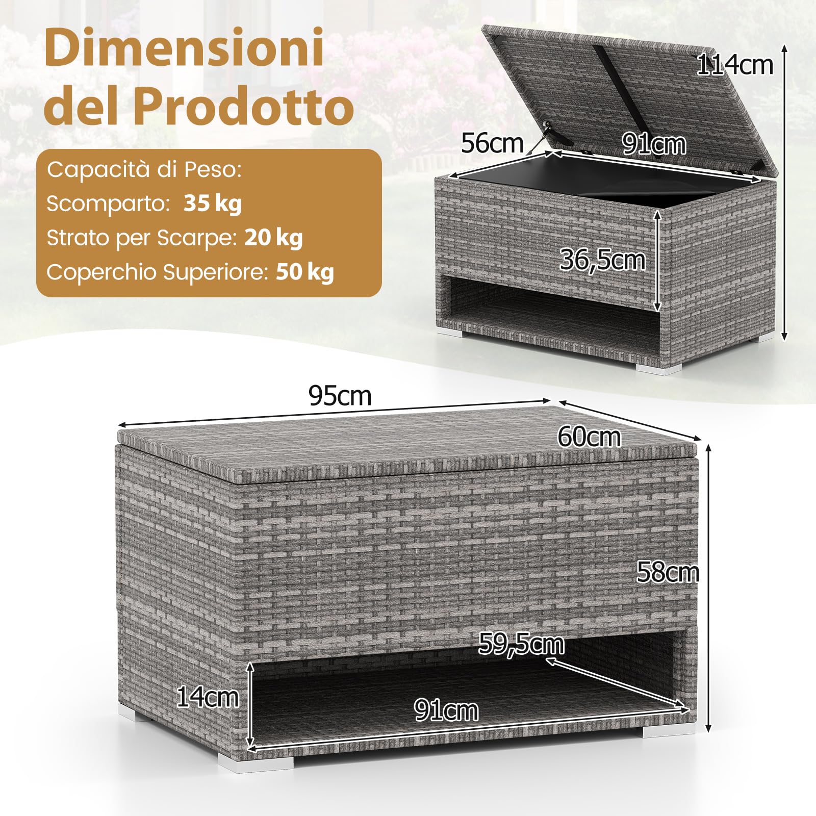 COSTWAY Baule da Giardino 186 L, Panca Contenitore in Rattan con Scarpiera, Rivestimento Protettivo, Organizzatore per Cuscini, Accessori Piscina, Attrezzi da Giardino (Grigio)