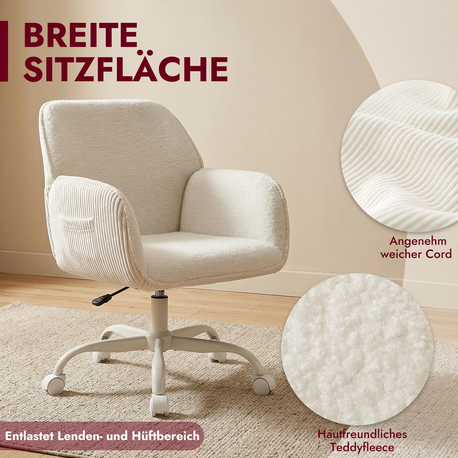 Bürostuhl Schreibtischstuhl Homeoffice Stuhl Schminktisch Stuhl – Sherpa- & Cordstoff, Ergonomisch mit Armlehnen, Höhenverstellbar,360° Drehbar, Leise Rollen, Breiter Sitz, Stabil, Weiß | Gepolsterter Schminkstuhl mit Seitentasche und Rollen, höhenverstel