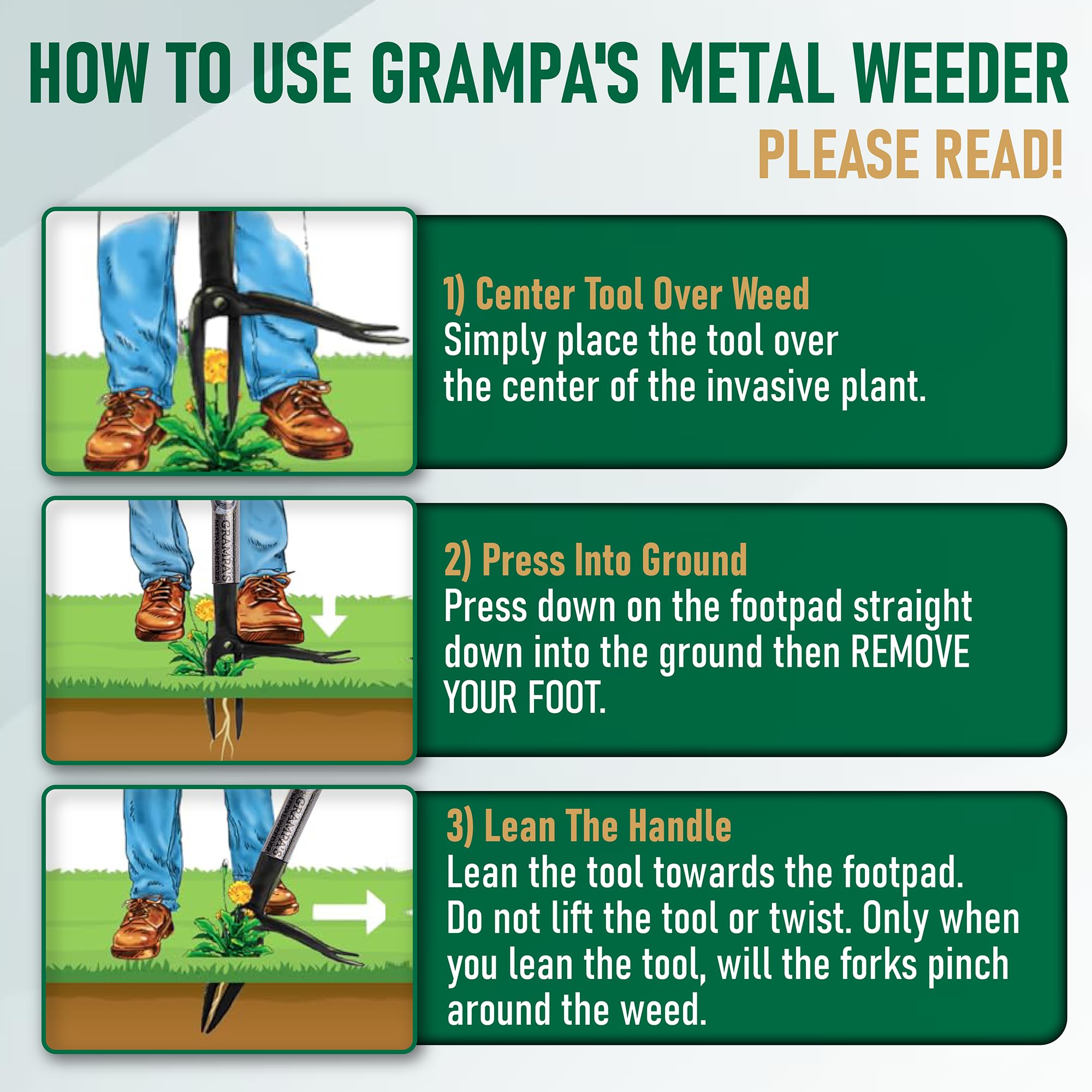 Grampa's Weeder Stand-Up-Unkrautentferner, Werkzeug mit robustem Stahlgriff | Stahlkopf mit 4 Krallen, Unkrautentferner, entfernt Löwenzahn, Krabbengras und Pfahlwurzeln, kein Biegen, langlebig