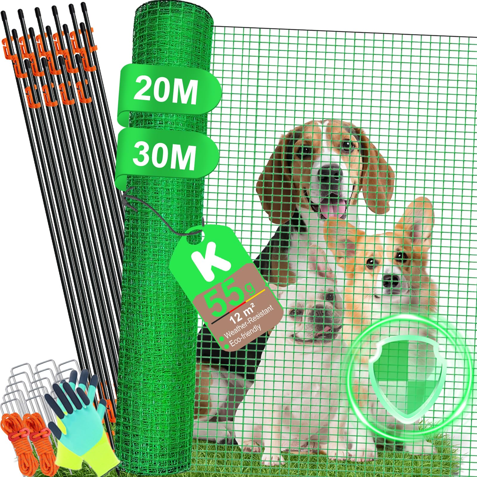 Mobiler Hundezaun 90 cm Höhe, PE-Zaunnetz mit massiven Fiberglasstangen, feinmaschig 1,7 × 1,7 cm, inkl. Fixierclips, für kleine und mittelgroße Hunde, Garten & Camping (HDPE-Netz · 90 cm, 20 m)