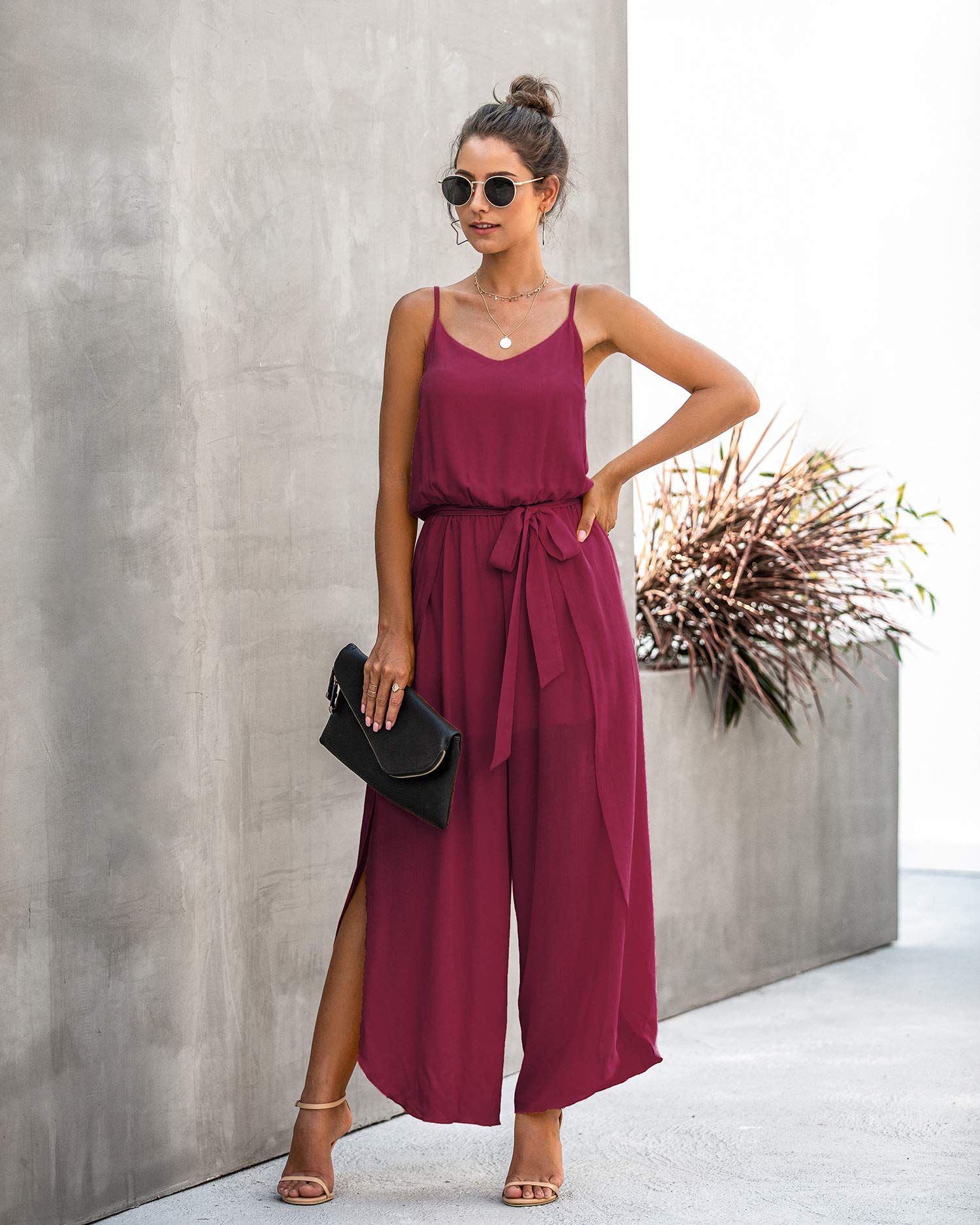 ASOMI Jumpsuit Damen Sommer Lang: Sexy Cocktail Elegant Mode Gürtel Overall Hochzeit Hawaii Urlaub Strand V-Ausschnitt Hosenanzug Business Baggy Festlich Spaghettiträger Outfit