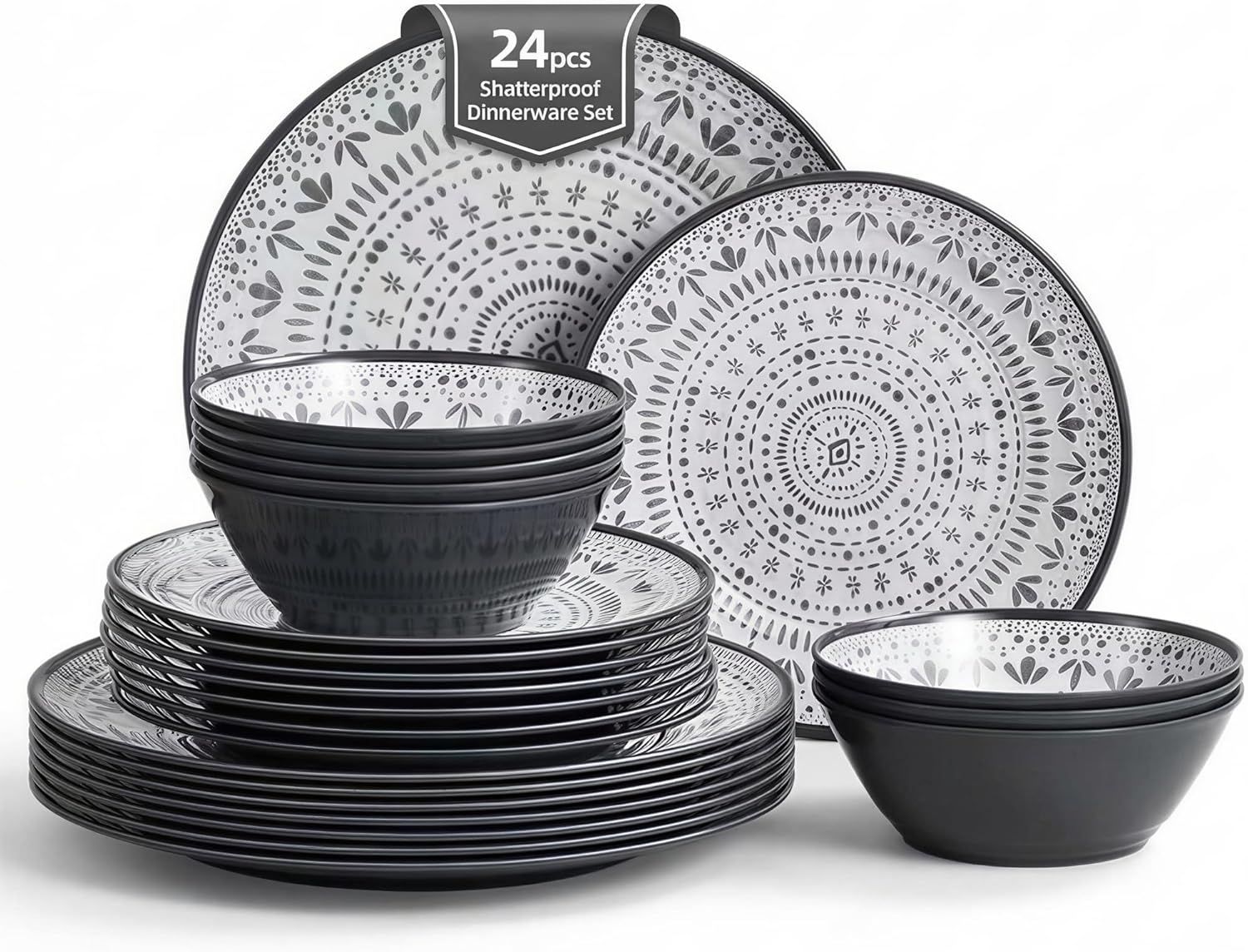 24PCS Bohemia Gray Melamine Plastic Dinnerware Sets for 8,Melamine Plates Set of 24PCS,Outdoor Plates and Bowls Sets for 8 (Gray)