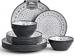 24PCS Bohemia Gray Melamine Plastic Dinnerware Sets for 8,Melamine Plates Set of 24PCS,Outdoor Plates and Bowls Sets for 8 (Gray)