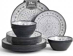 24PCS Bohemia Gray Melamine Plastic Dinnerware Sets for 8,Melamine Plates Set of 24PCS,Outdoor Plates and Bowls Sets for 8 (Gray)