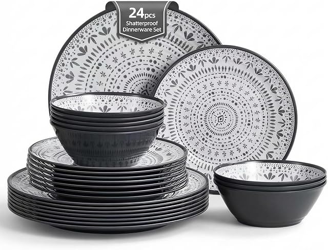 24PCS Bohemia Gray Melamine Plastic Dinnerware Sets for 8,Melamine Plates Set of 24PCS,Outdoor Plates and Bowls Sets for 8 (Gray)