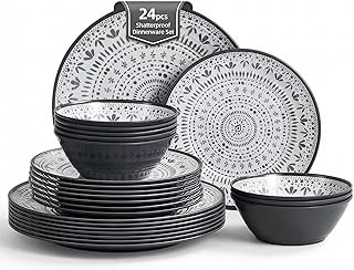 24PCS Bohemia Gray Melamine Plastic Dinnerware Sets for 8