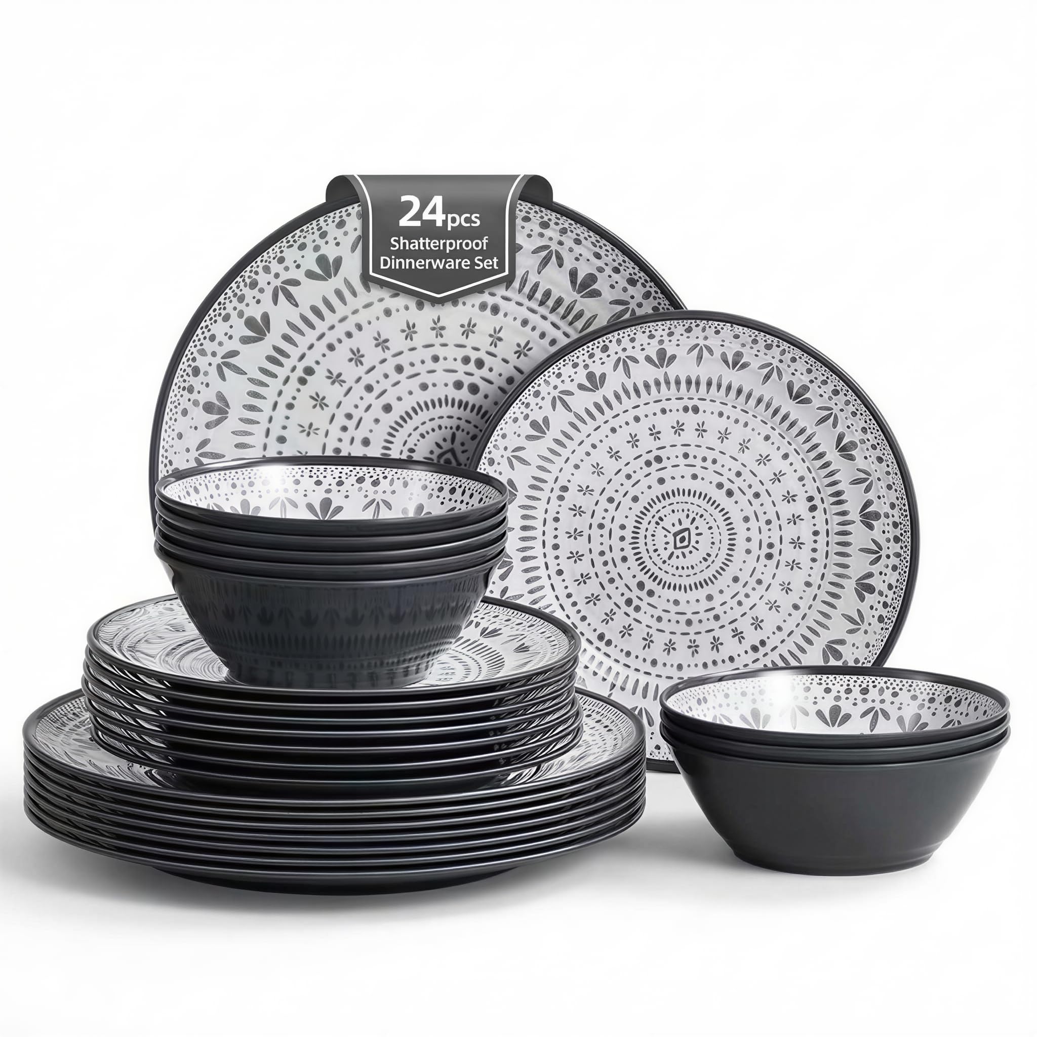 Joviton HOME 24PCS Bohemia Gray Melamine Plastic Dinnerware Sets