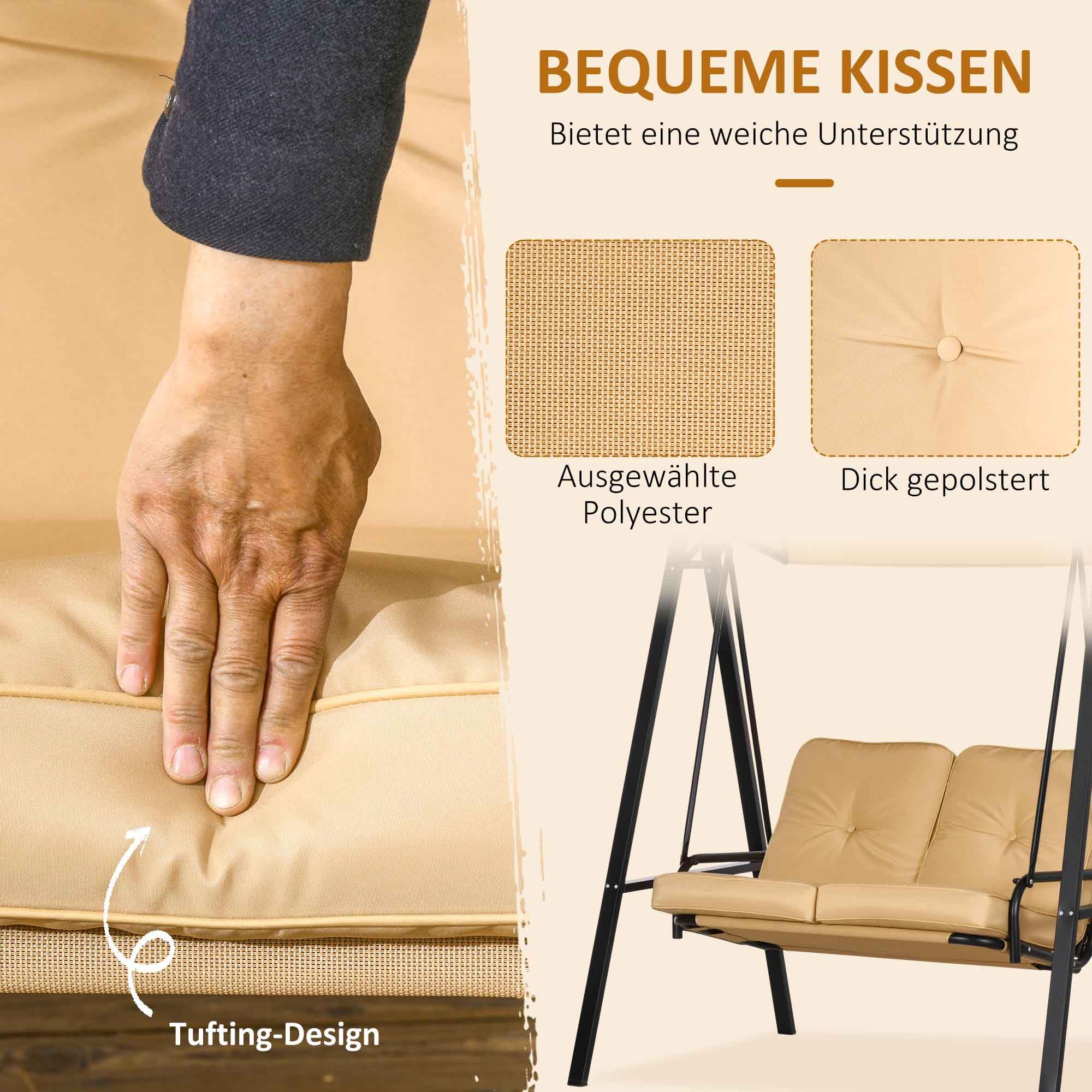 Outsunny Hollywoodschaukel 3-Sitzer Gartenschaukel mit verstellbarem Sonnendach, Schaukelbank belast bis 220kg, Gartenliege für Garten, Terrasse, 145 x 116 x 172 cm, Beige