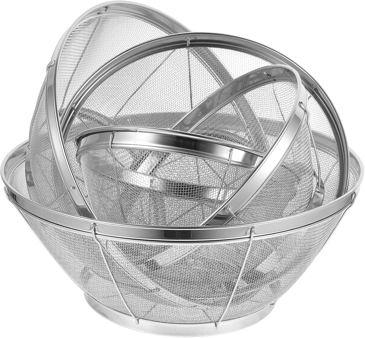 Veemoon Stainless Steel Mesh Food Strainers Set 5pcs (18.5-31cm) Fine Mesh Colander Baskets for Fruit and Vegetable Washing Kitchen Rice Cleaning Bowls