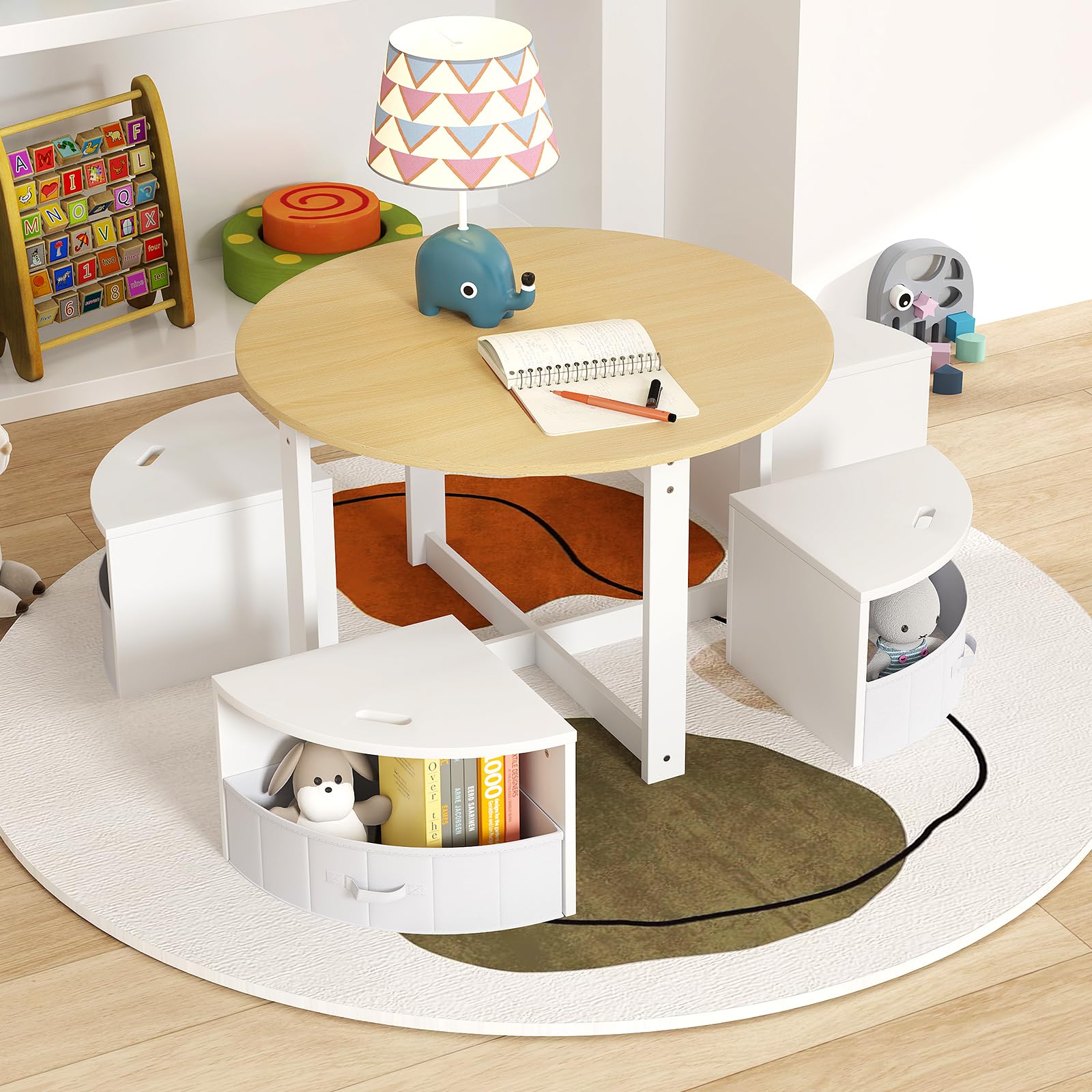COSTWAY Table Enfant Ronde avec 4 Chaises Empilables, Table d’Activité en Bois avec 4 Tiroirs en Tissu Pliable, Bureau Montessori pour Salle de Jeux Chambre d'enfant, Charge 50/90 pour 3 Ans+
