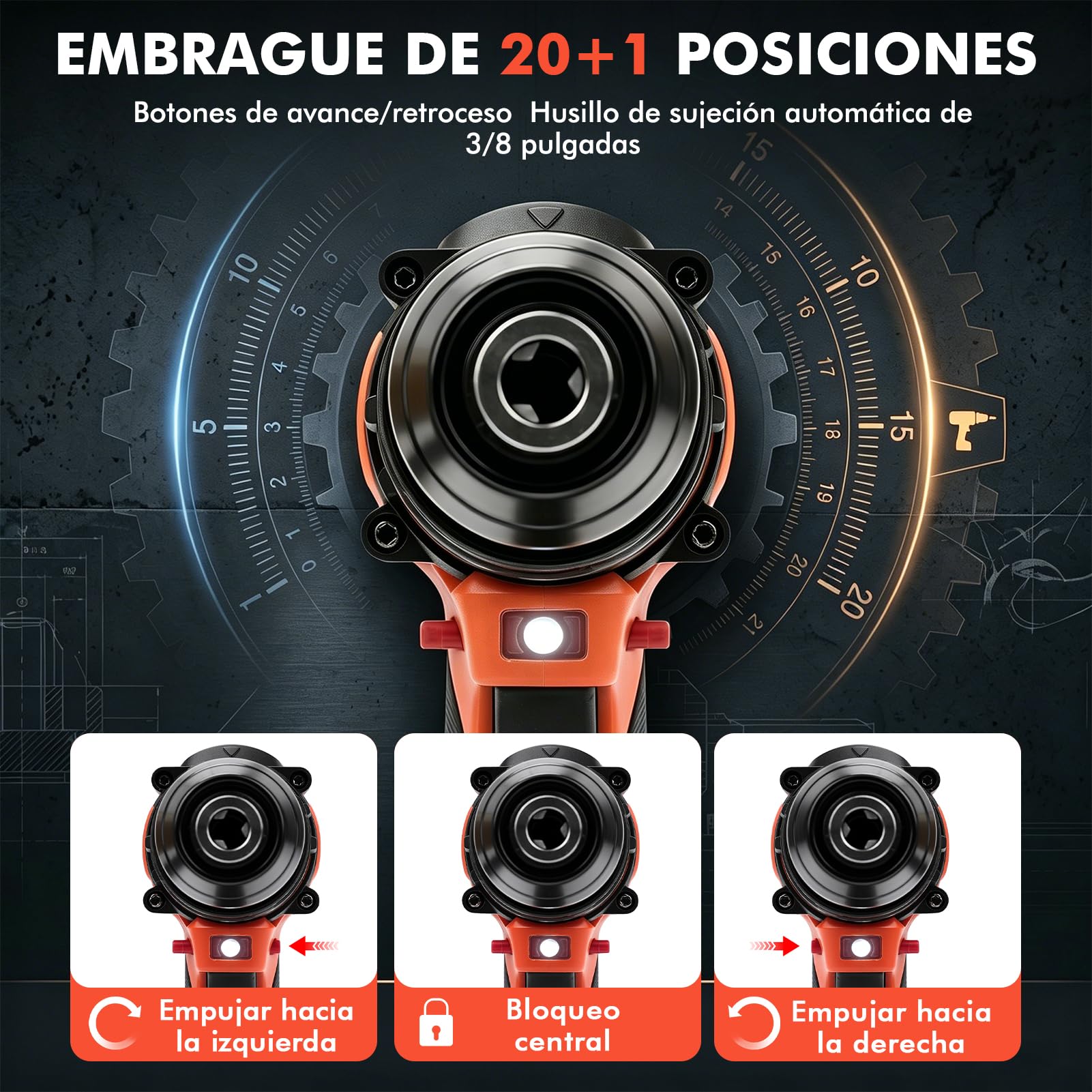 Taladro Percutor a Batería 21V, 2 Baterías 1.5Ah, 50Nm, 20+1 Ajustes de Par | Taladro Atornillador Eléctrico, 2 Velocidad, 24 Accesorios, LED Luz para Hogar, Bricolaje, Destornillador Eléctrico Brushless