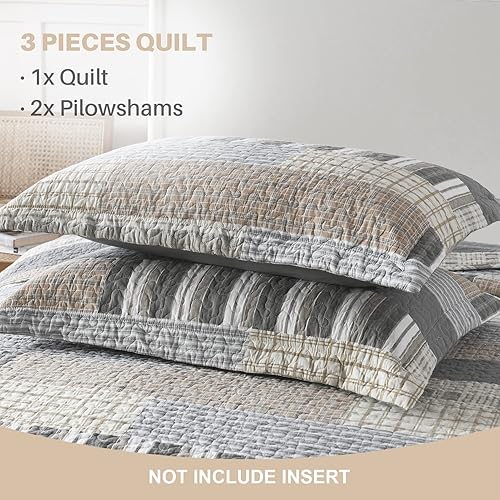 Miniatura 5 de Y-PLWOMEN Juego de ropa de cama Queen  Colcha acolchada de algodón marrón y gris retazos a cuadros 3 piezas decoración ligera reversible para todas