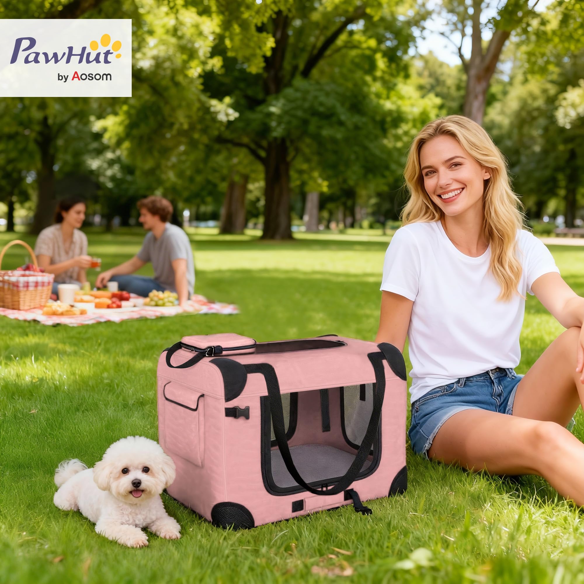 PawHut Transportín para Perros Plegable, 60x41,5x41 cm, Transportín para Mascotas con Ventanas de Malla, Cojín Suave y 2 Asas, Bolsa de Transporte para Mini Perros, Gatos, Rosa