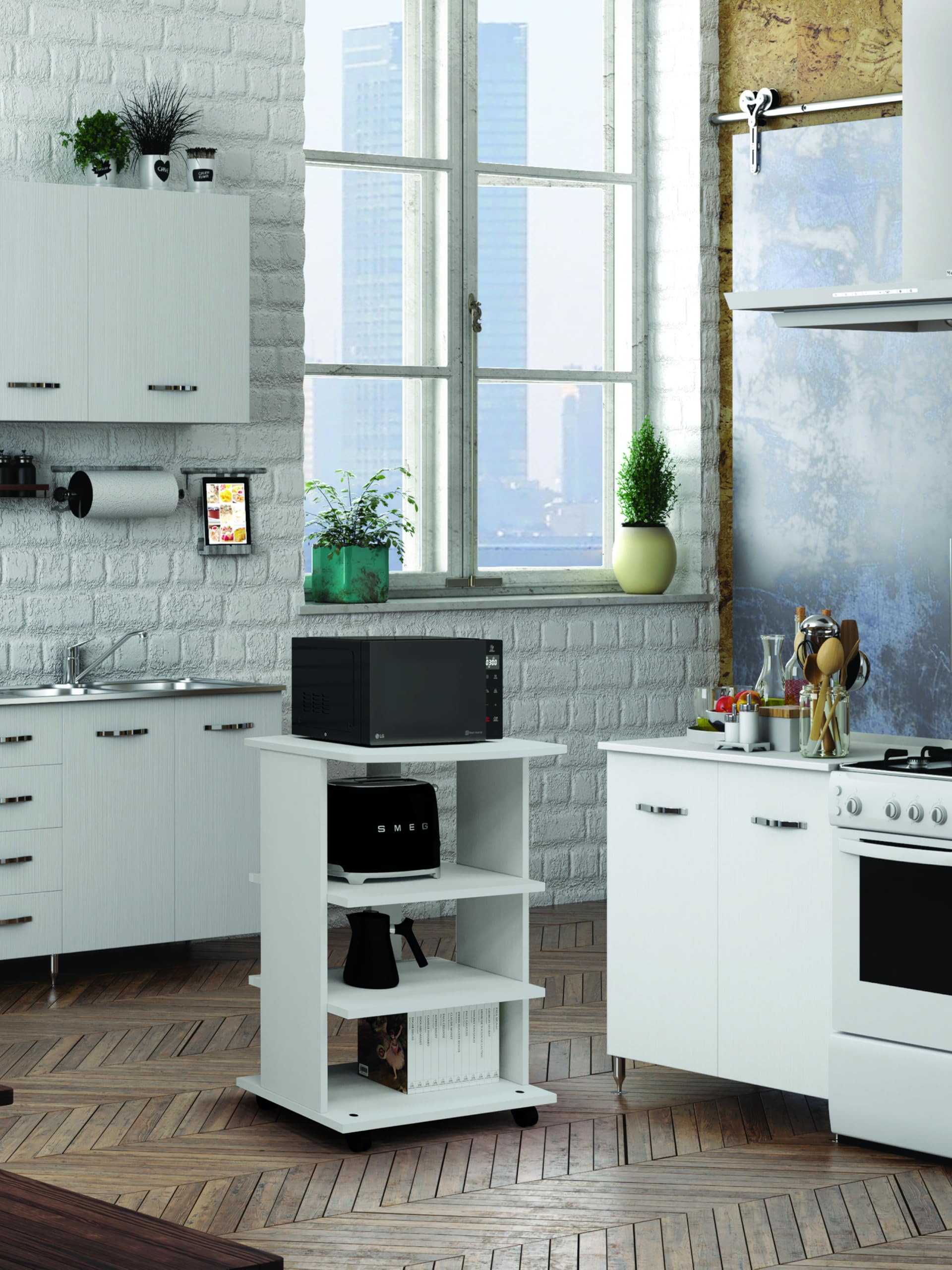 Carrello Porta TV Linea Azzurra Con Rotelle - Design Italiano Per Soggiorno, Bianco Frassinato - Foto 4