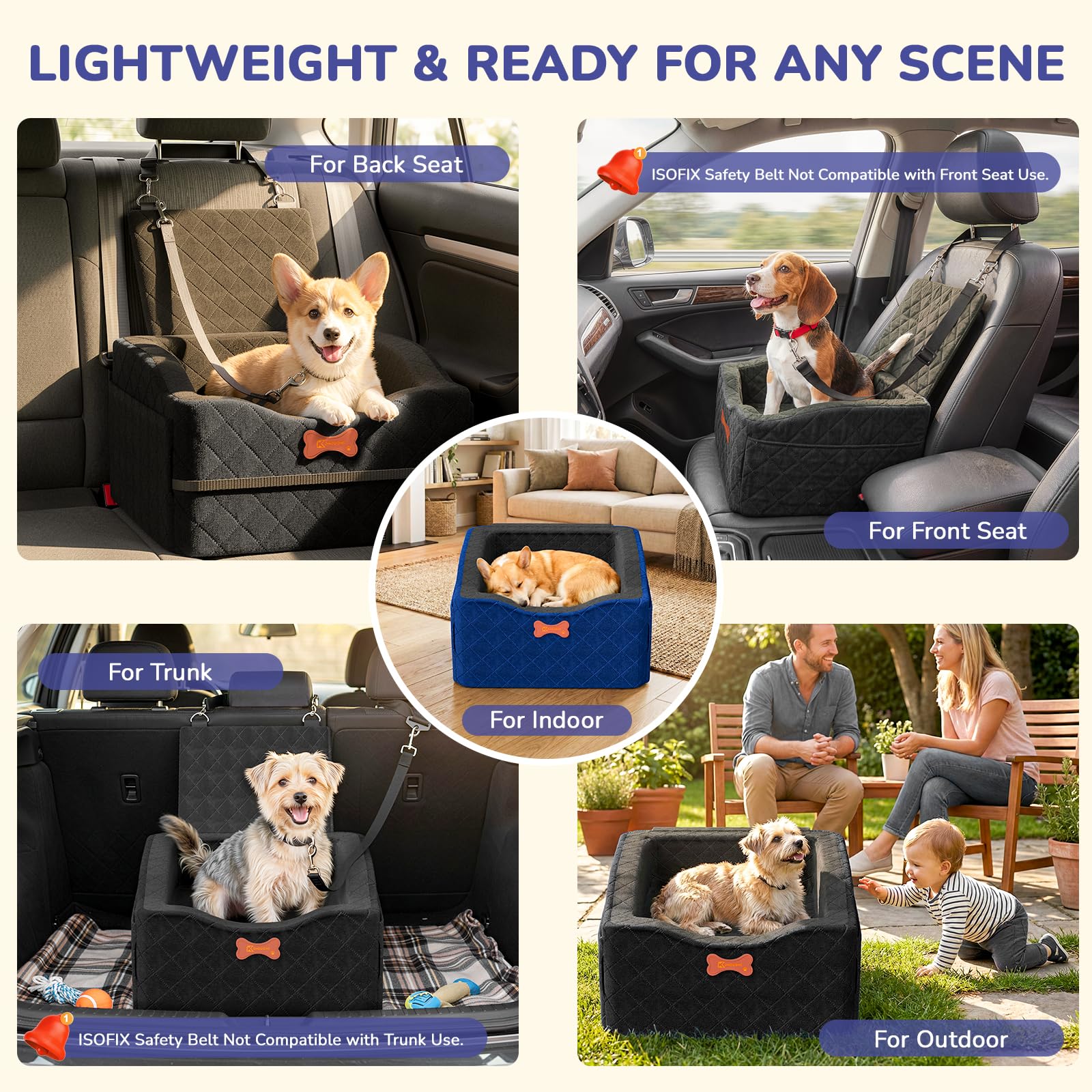 Dog Car Seat for Small Medium Dogs, 6" Elevated Dog Booster Seat with ISOFIX Safety Fixation, Washable Cover & High Density Memory Foam, Portable for Car Front/Rear/Trunk Home Outdoor Use (Jet Black) - image 7