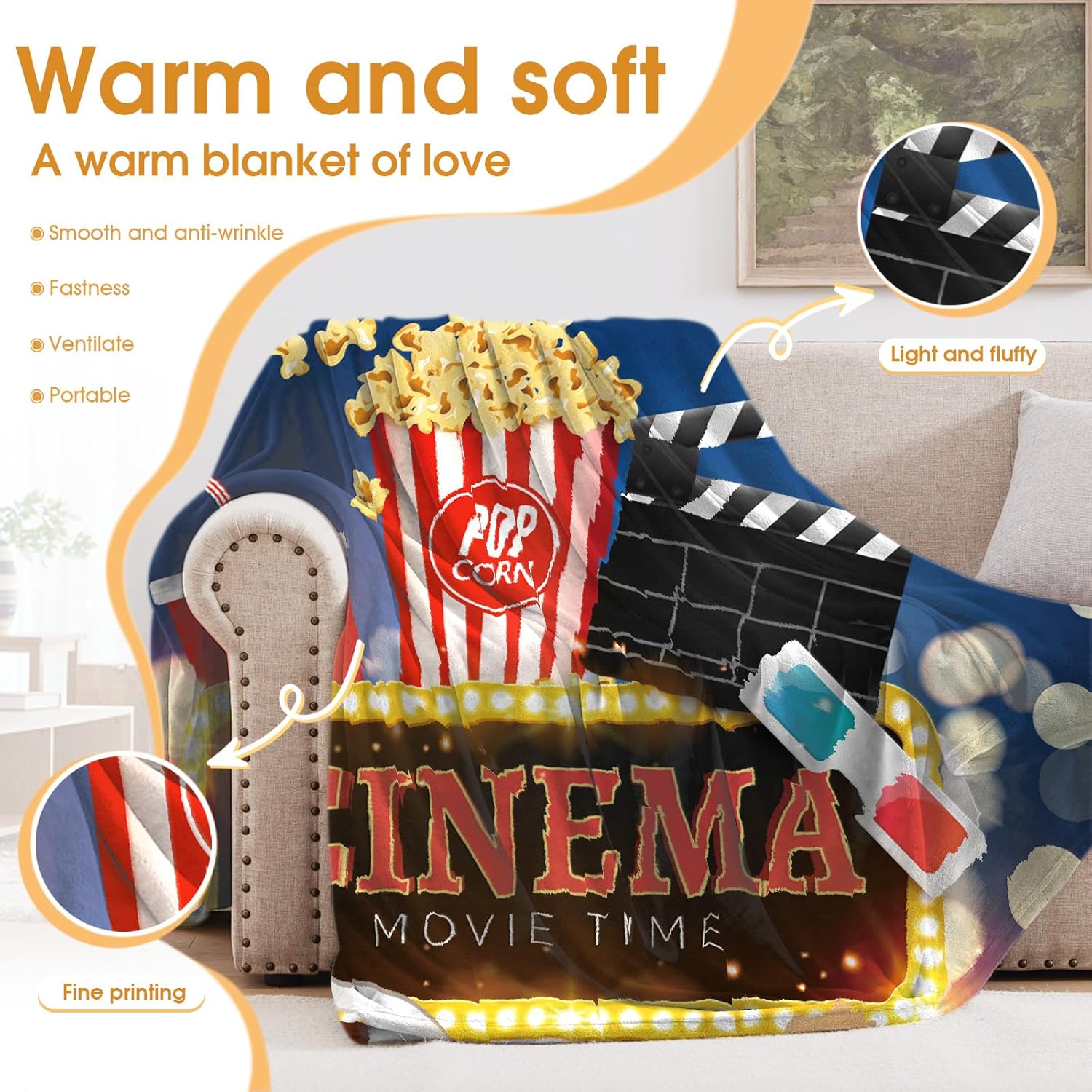 Movie Theater Popcorn Blanket Cinema Gifts for Men Women Boys Adults Birthday Christmas Fathers Day Presents for Mom Dad Husband Movie Room Decor Film Player Clapboard Throw Blankets 50"x60" - Image 3