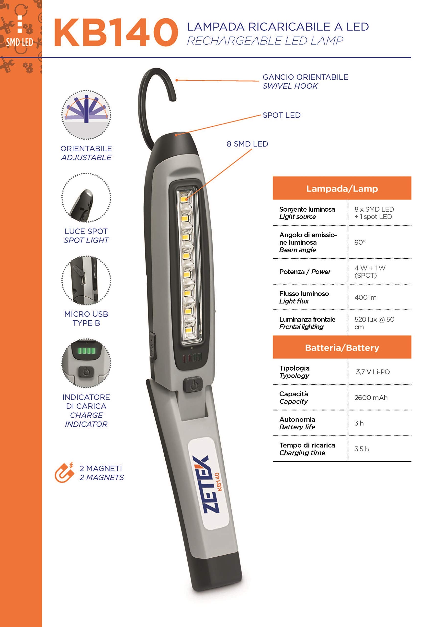 ZETEK KB 140 - Lámpara LED recargable - by Zeca
