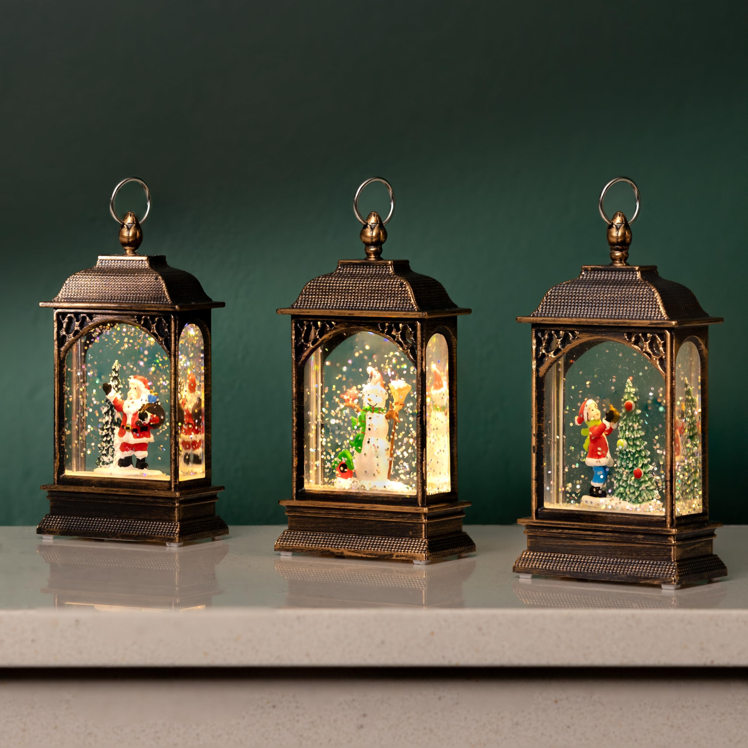 Marco Paul Interiors 3 Pack Snow Globes Marco Paul Set Of 3 Lanterns Led Light Up Christmas Snow Globes – Battery Operated Glitter Shaker Set With Santa, Snowman & Tree – Festive Tabletop Ornaments & Xmas Home Decorations