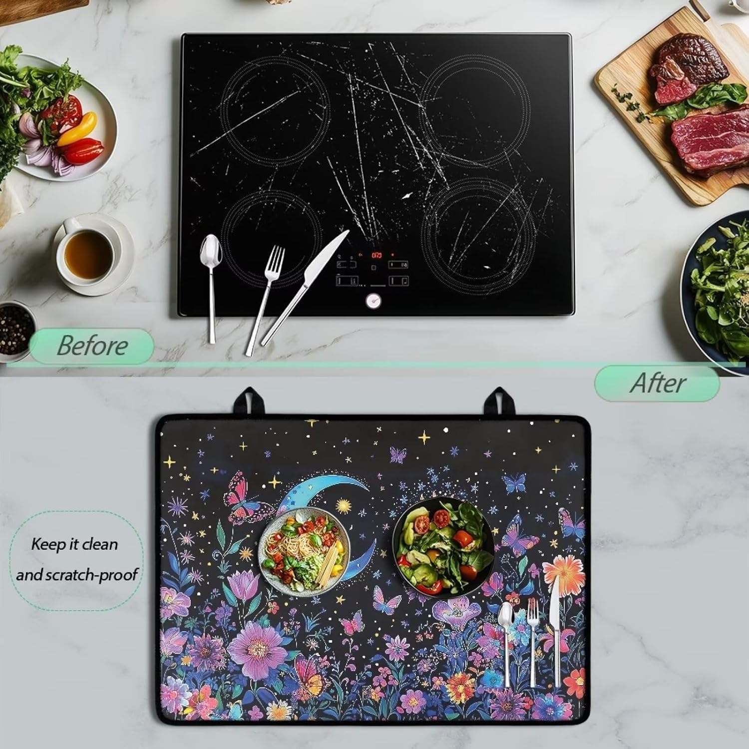 Poceacles Stove Top Cover Protector for Glass Stove, Anti-slip Cooktop Mat Scratch Resistant Oven Mat Protector Range Cover Extra Kitchen Space, Moon Sun Star Floral Butterfly