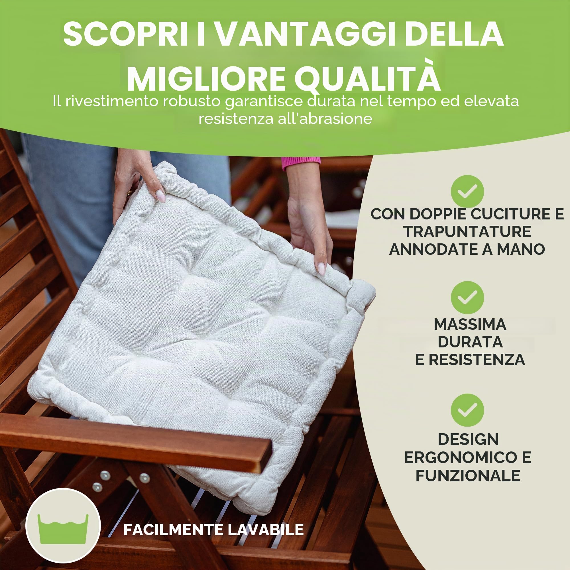 Gräfenstayn® set di 4 cuscini per sedia 40x40x8cm da interni ed esterno in 100% cotone - colori diversi - imbottitura spessa cuscino trapuntato/cuscino da pavimento (Crema)