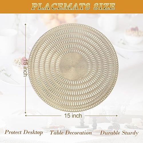 Miniatura 3 de Evevda Juego de 6 manteles individuales redondos metálicos dorados de vinilo para mesa de comedor, para el hogar, cocina, comidas diarias,