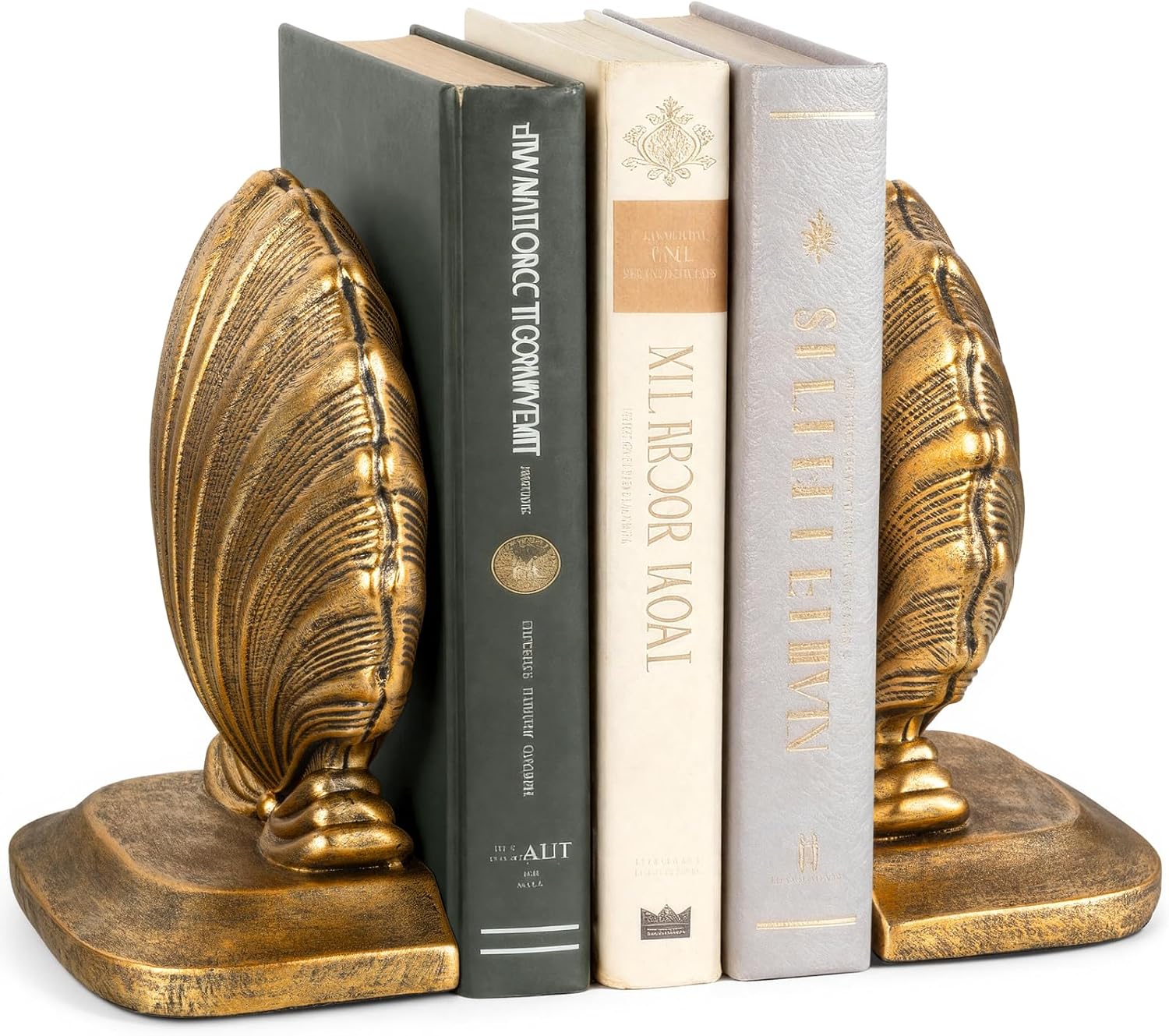 Decorative Shell Bookends, Coastal Nautical Book Ends for Shelves Desk, Resin Seashell Book Ends for Home Office Living Room Beach Decor (Gold)
