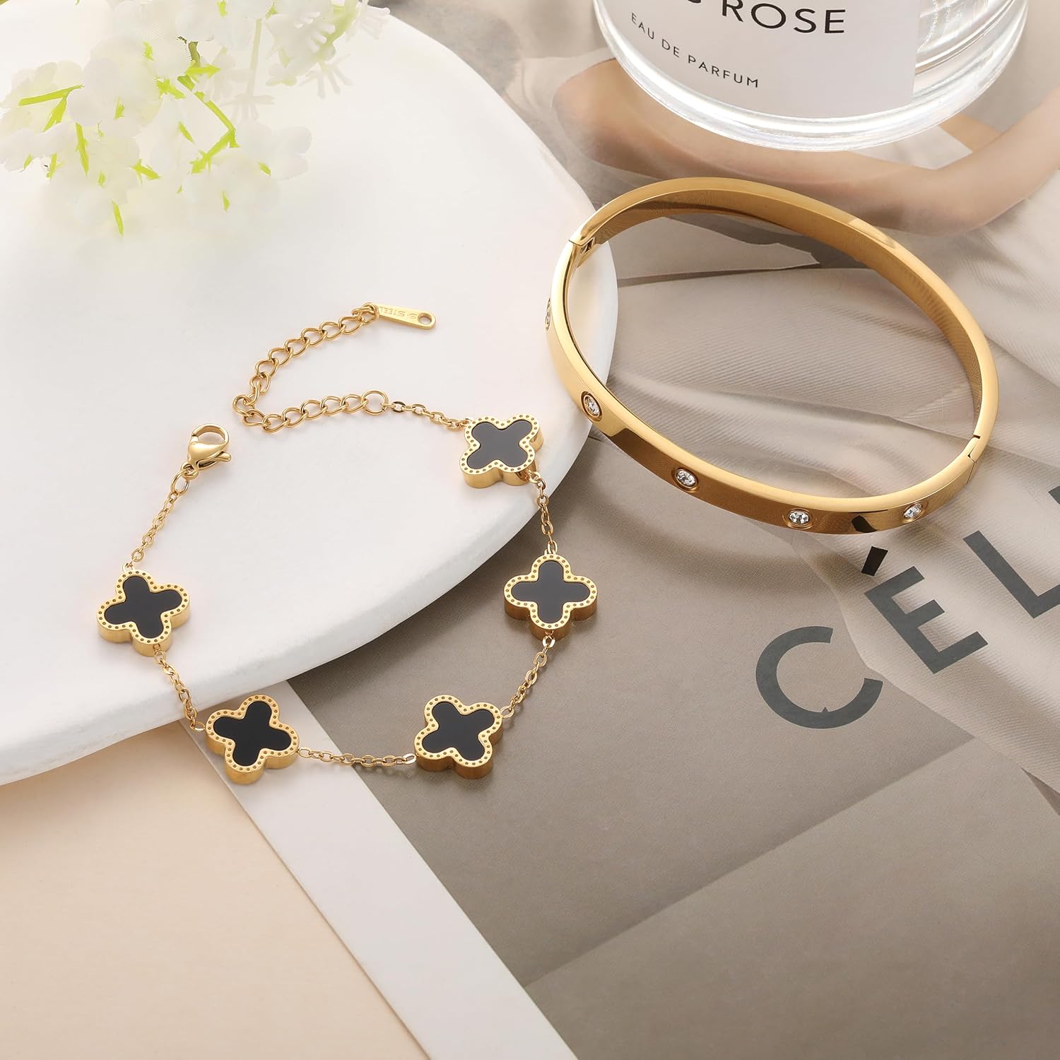 18K Gold Plated Clover Bracelet Love bangle Set for Women Stackable Trendy Fashion Simple Friendship Bracelets Lucky Bracelet Jewelry Cute Gifts for Women - Image 4