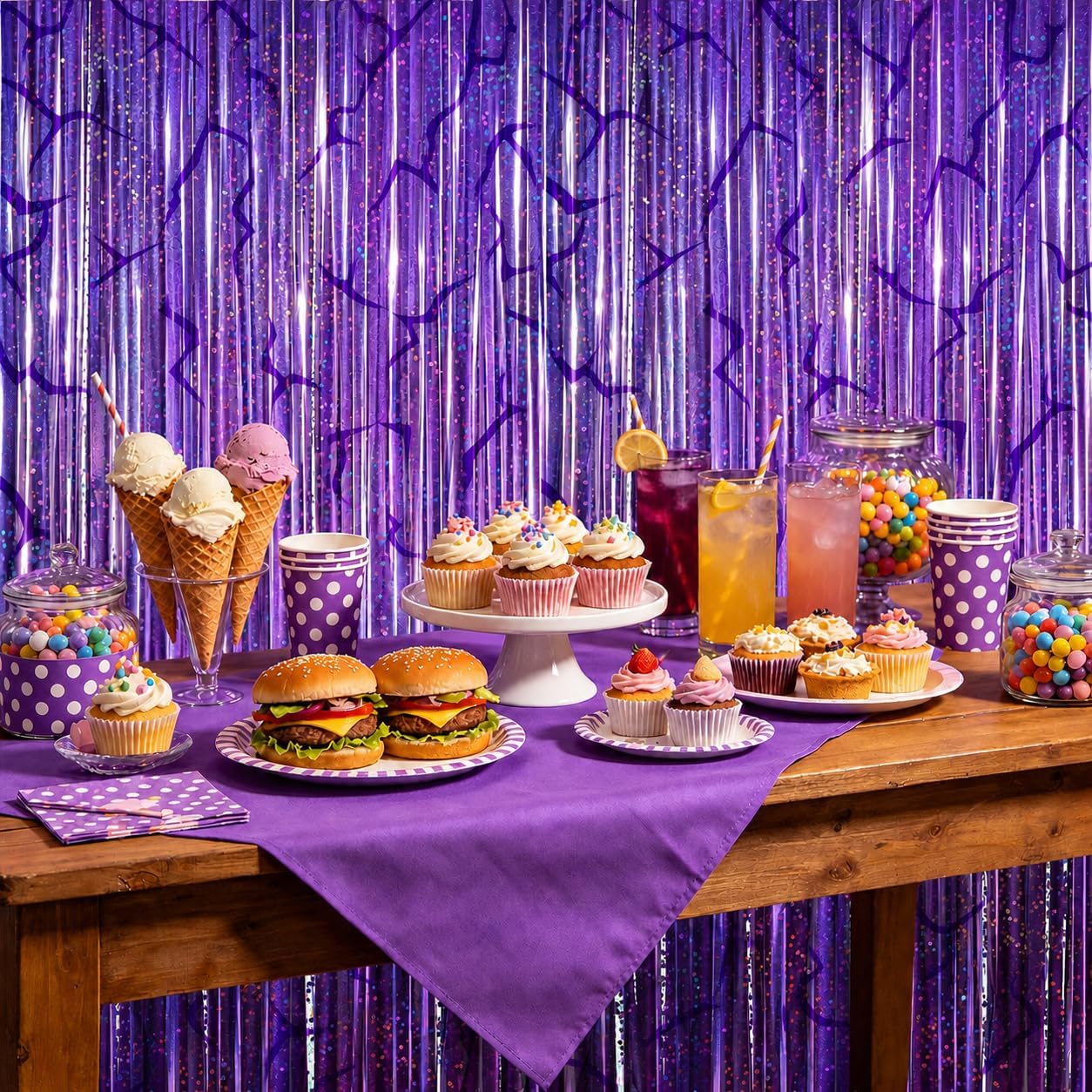 K-Style Purple Foil Fringe Curtains Party Decorations - 2 Pack 3.3 ft x 6.6 ft Energy Pattern Foil Party Curtain for Girls Disco Bachelorette Party Supplies