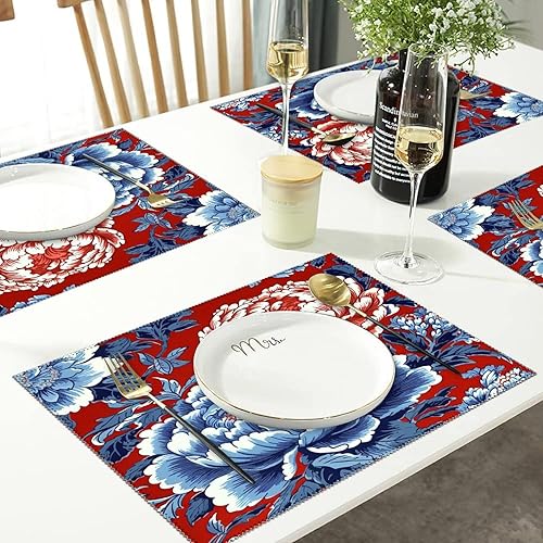 Miniatura 10 de Juego de 4 manteles individuales coloridos de color azul floral rojo pájaro mantel individual resistente al calor, resistente a las manchas,