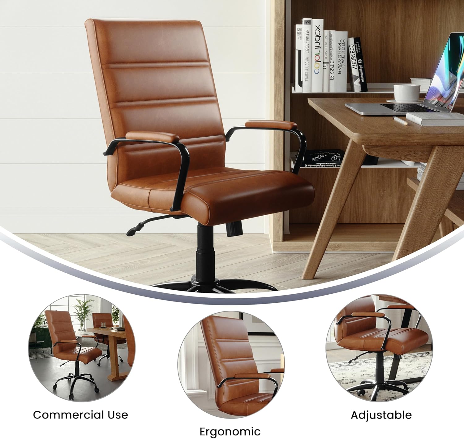 Flash Furniture Whitney Mid-Back Desk Chair - Brown LeatherSoft Executive Swivel Office Chair with Black Frame - Swivel Arm Chair - Image 5