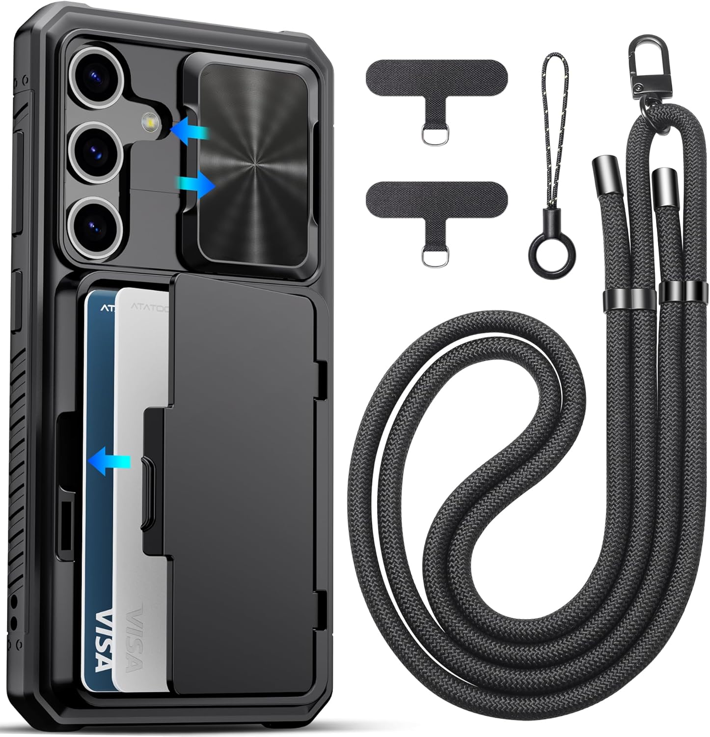 ATATOO for Samsung Galaxy S24 Case Wallet with Lanyard, Phone Strap Crossbody for Women Men, Build-in Card Holder, Slide Camera Cover, Military Grade Protection, Case for Galaxy S24 6.2", Black