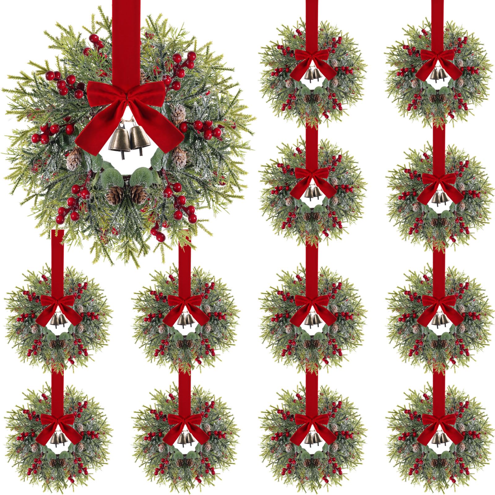 Photo 1 of ***FACTORY SEALED*** 12PC Christmas Kitchen Cabinet Wreaths with Ribbon 13'' Small Christmas Wreath Decorations with Bells Farmhouse Decoration Artificial Hanging Garlands for Front Door Window Wall