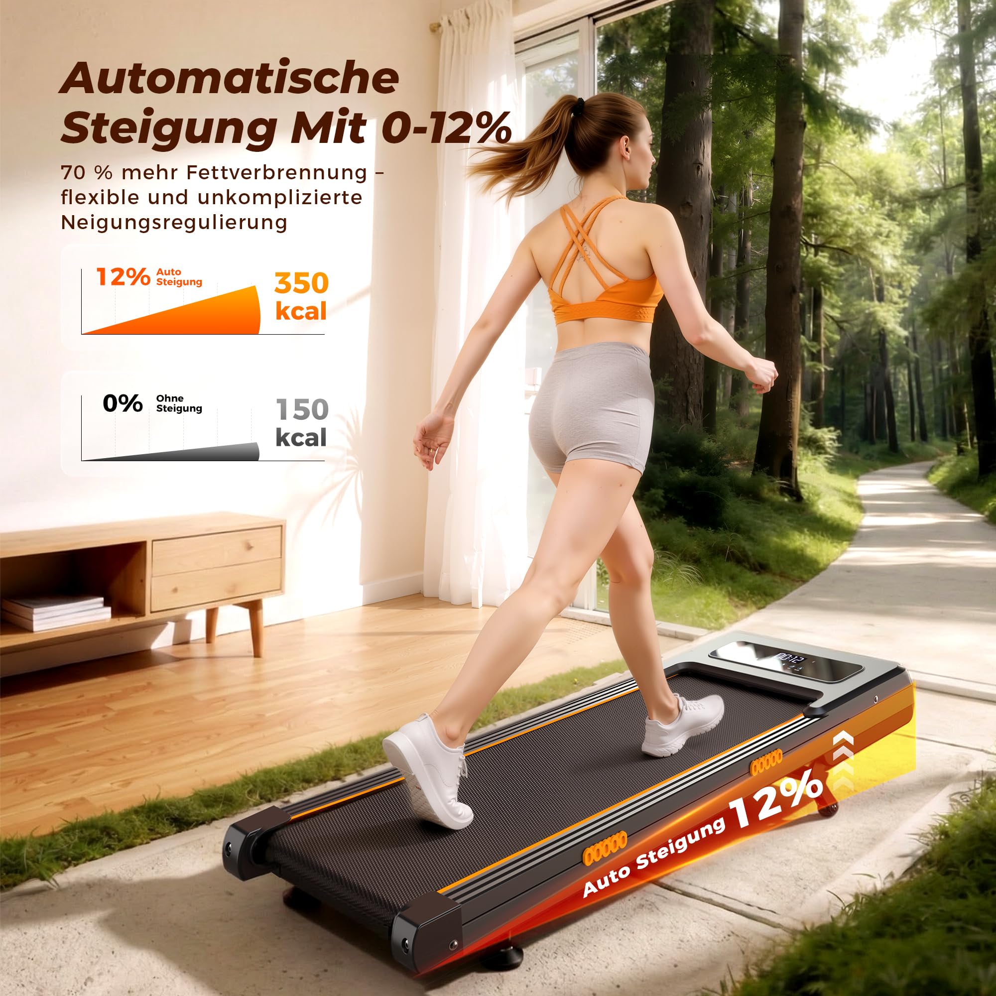 JAGJOG Walking Pad mit 12% Auto-Steigung für Kalorientraining | 2,5-PS-Motor, App, Fernbedienung, LED-Anzeige, Dämpfung und kompakte Nutzung im Home Office