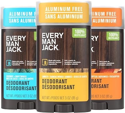 Every Man Jack Men's Deodorant Variety Set - Includes 3 Full-Sized Aluminum Free Natural Deodorant Sticks - Coconut + Driftwood Citrus + Eucalyptus, Amber + Sandalwood - 3oz (3 Pack)