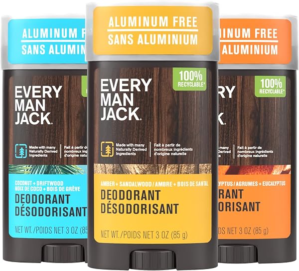 Every Man Jack Men's Deodorant Variety Set - Includes 3 Full-Sized Aluminum Free Natural Deodorant Sticks - Coconut + Driftwood Citrus + Eucalyptus, Amber + Sandalwood - 3oz (3 Pack)