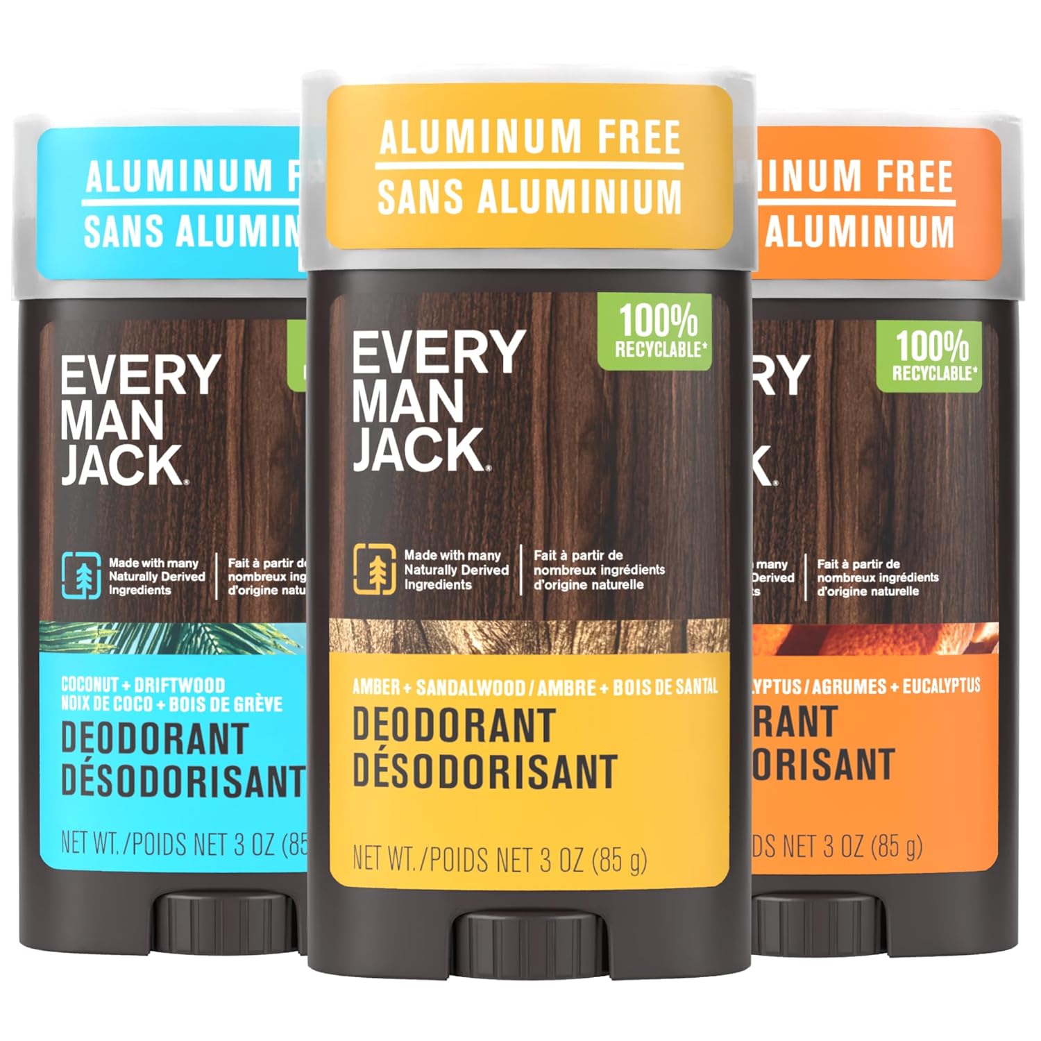 Every Man Jack Men's Deodorant Variety Set - Includes 3 Full-Sized Aluminum Free Natural Deodorant Sticks - Coconut + Driftwood Citrus + Eucalyptus, Amber + Sandalwood - 3oz (3 Pack)
