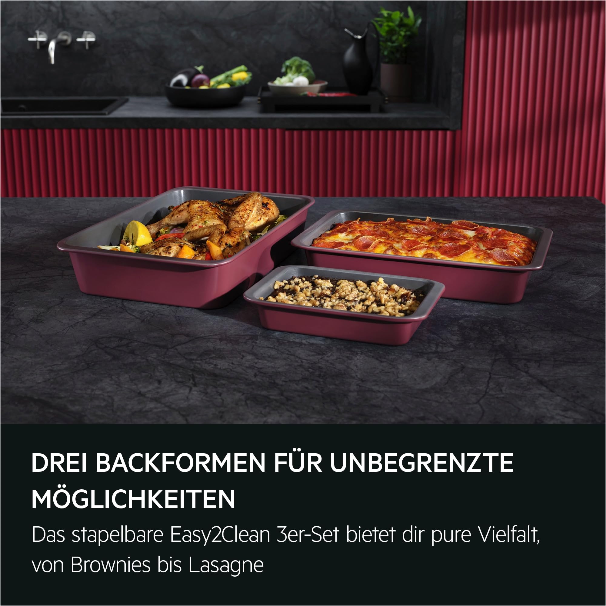 AEG A9OOECTS Easy2Clean BakePro Backform Set 3‑teilig, Keramik‑Antihaftbeschichtung PFAS/PTFE‑frei, spülmaschinengeeignet, kein Anhaften ohne Öl, stapelbar, rot