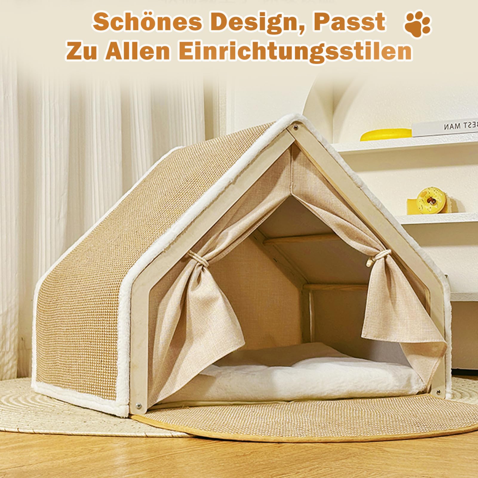 Katzenhaus mit Kratzbrett,2-in-1Holz Sisal Katzenhaus Kratzbrett Katzenzelt