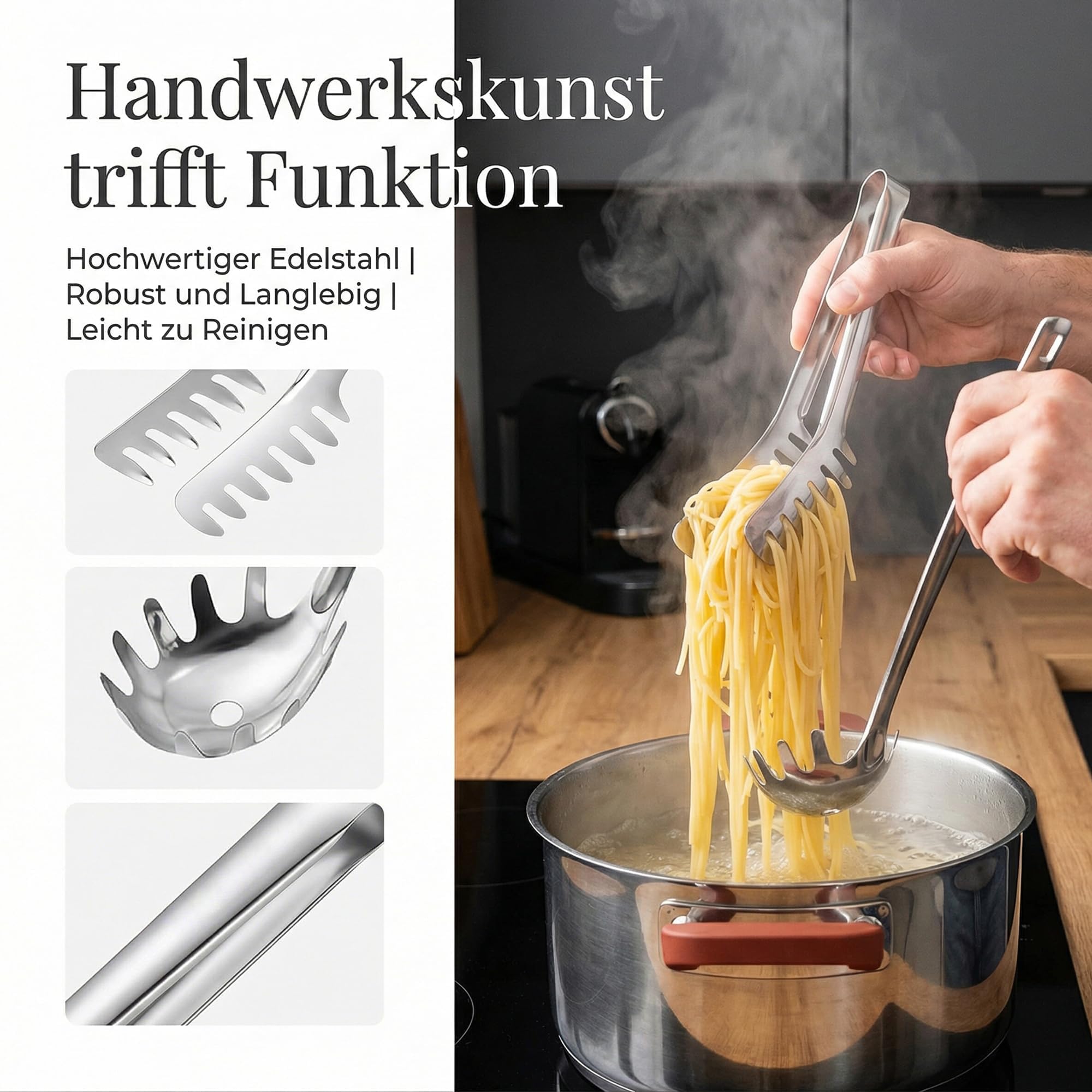 Yootiko Juego de 2 cubiertos para pasta de acero inoxidable, pinzas para pasta y cuchara, utensilios de cocina ergonómicos, inoxidables y duraderos, para pasta, ensaladas y verduras