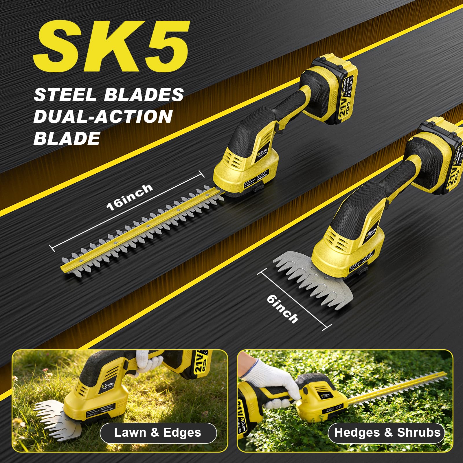 4 en 1 Cortasetos a batería Podador Altura para Makita 18V, con 2×4.0Ah baterías, extensión 4,55 m, Cuchillas 406 mm & 152 mm, Cabeza Corte giratoria 180°, como cortaarbustos y cortacésped (Amarillo)