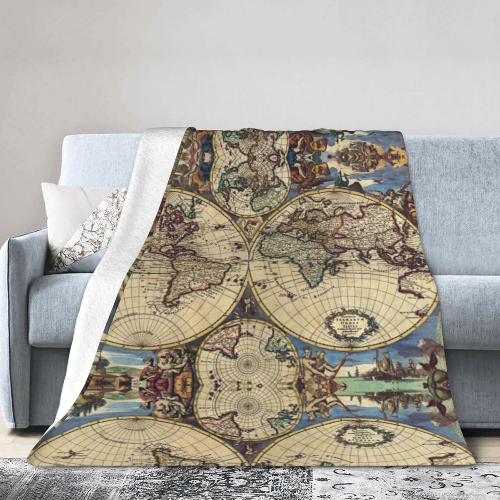 Ancient Map World Globe Print Flannel Blanket for Winter Comfort Warm Blanket Suitable for Bed Sofa Home Must