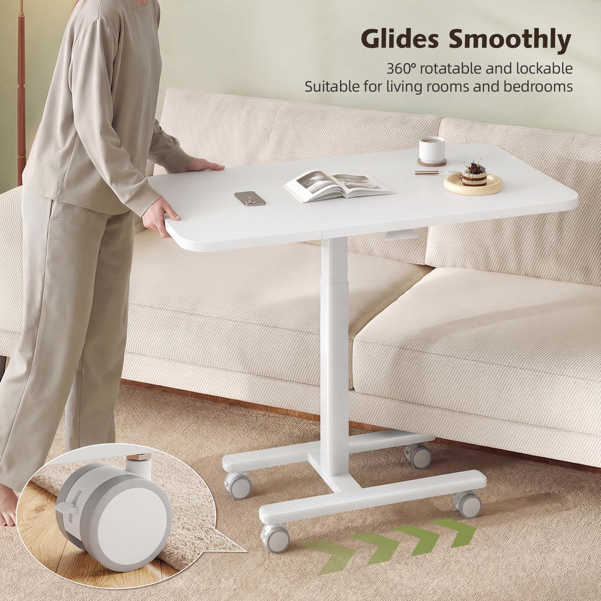 Mesa Cama Ajustable en Altura, Gran Superficie 100cm, con Ruedas con Freno, Pistón Gas, Escritorio/Portátil Forma C Robusto, Mesa Sofá Móvil para Salón, Dormitorio, Office,Blanco
