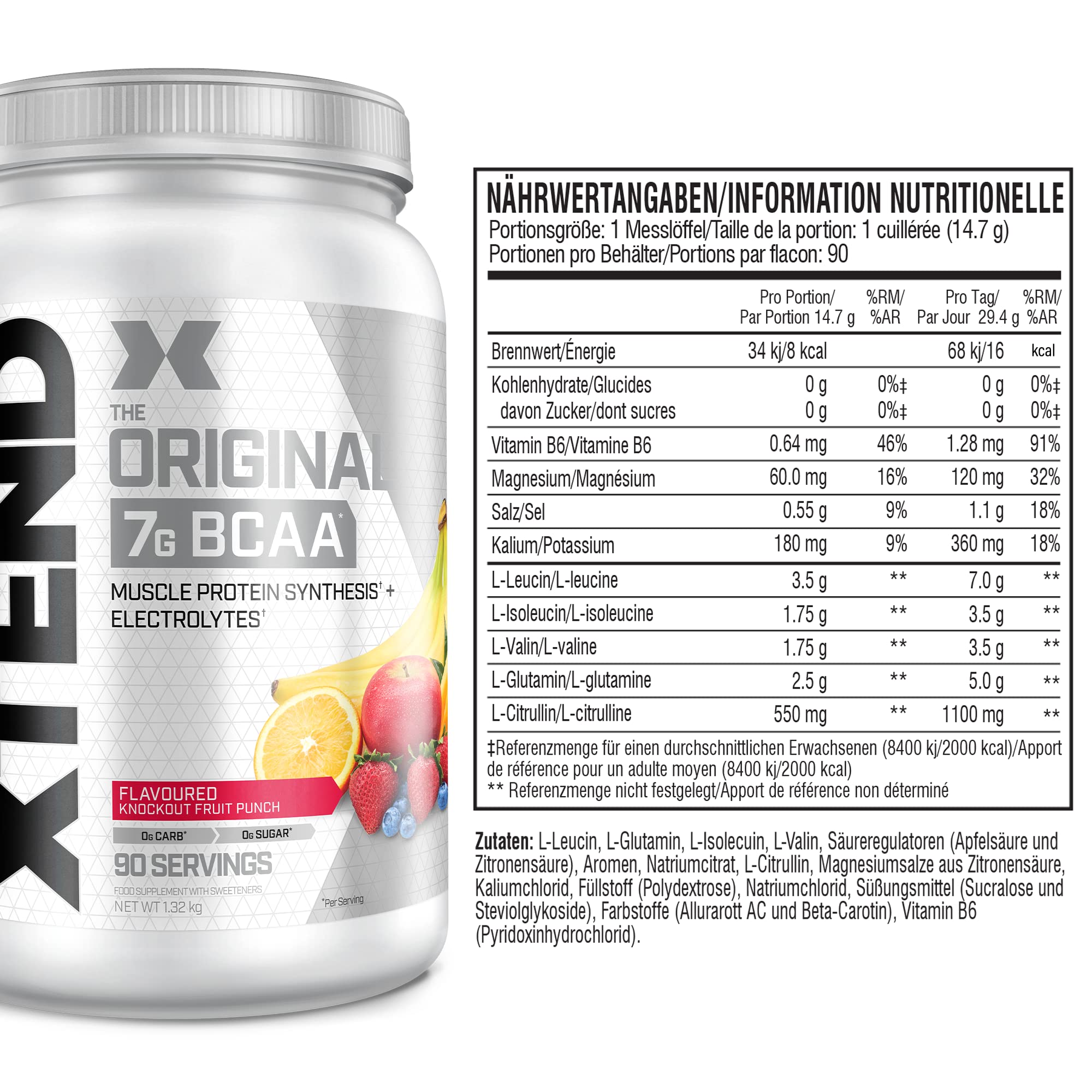 XTEND Original - BCAA-Pulver - Knockout Fruchtpunsch | Ergänzungsmittel mit verzweigtkettigen Aminosäuren | 7 g BCAA + Muskelproteinsynthese Elektrolyte für Regeneration & Hydration | 90 Portionen