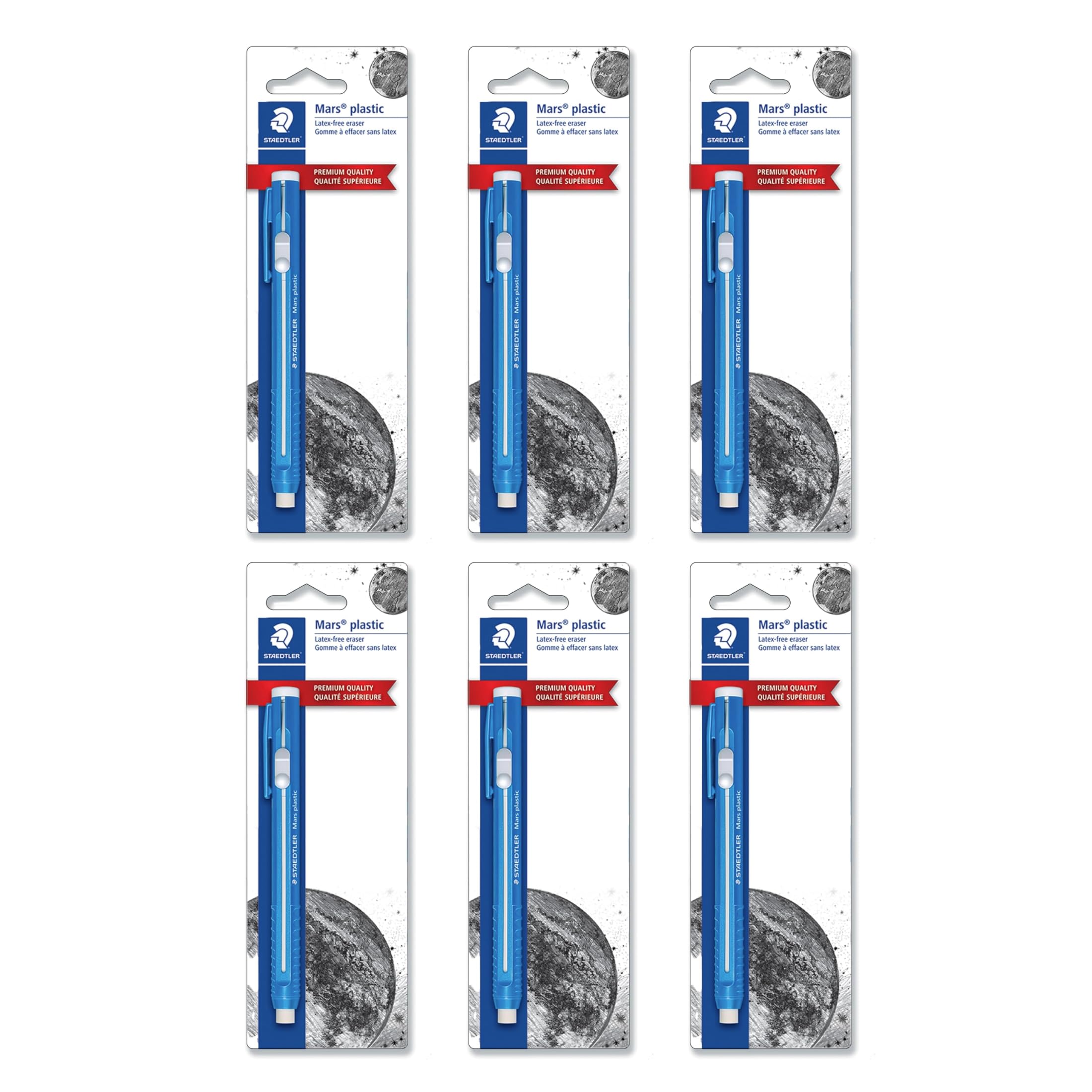 STAEDTLER 6er Pack Mars Kunststoff Radierstift mit nachfüllbarem Halter, Deutscher Radiergummi für Bleistifte, Wisch- & Reißfreie Präzision, Einziehbares Design mit Clip, Blau, 6 Stück