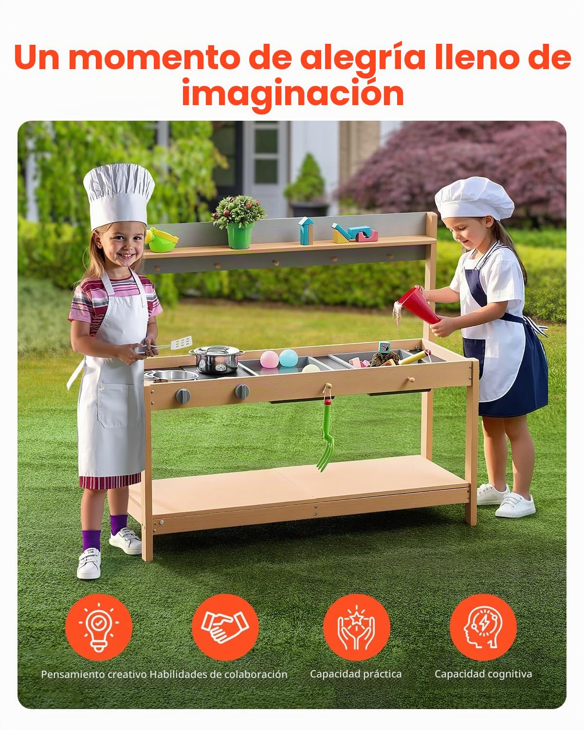 VEVOR Cocina de Barro para Niños 36 x 88,5 x 100 cm Juego de Cocina de Madera Cocina de Juguete para Niños Cocinita Infantil de Madera para Exteriores Cocina de Juego de Simulación con Accesorios