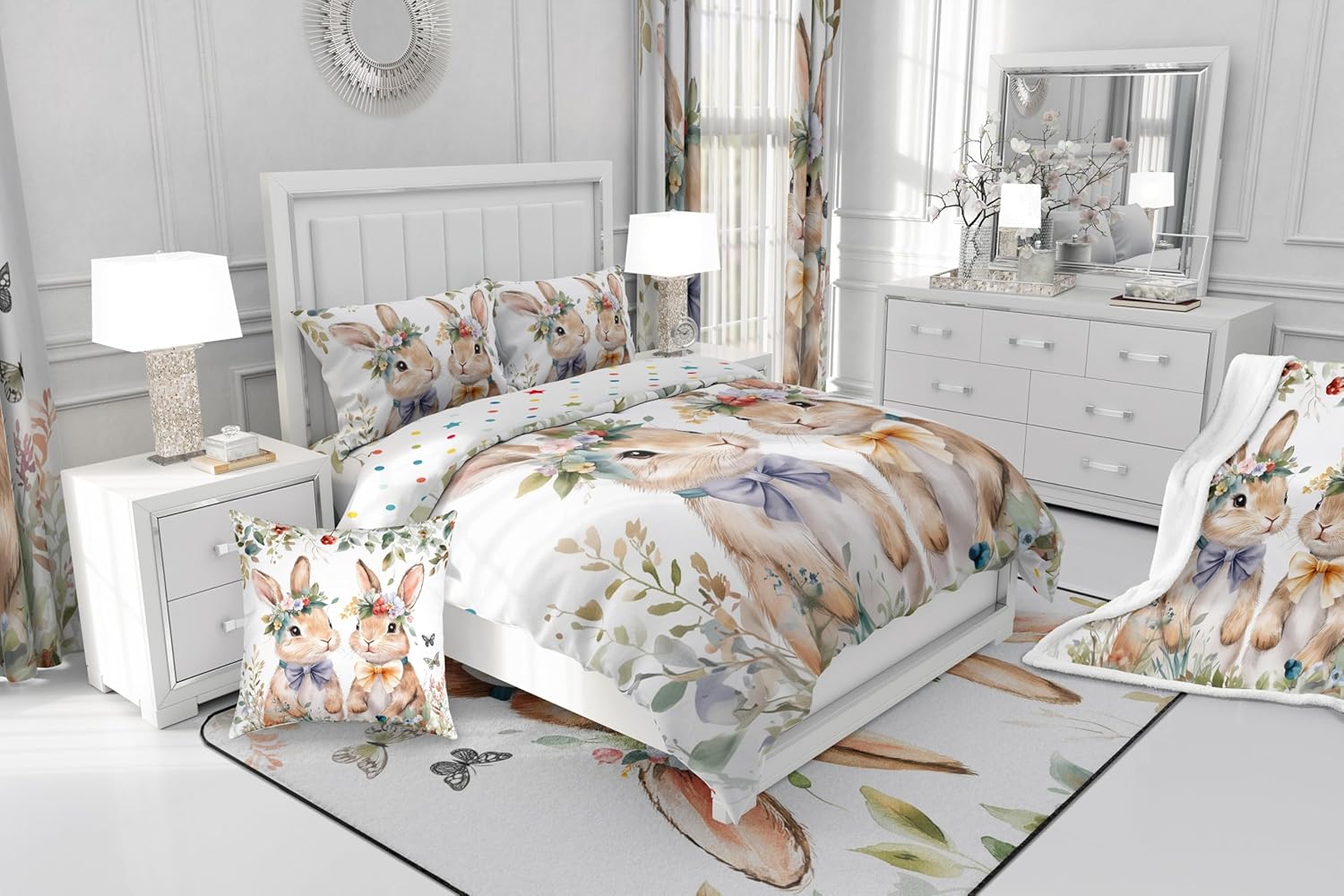 Erosebridal Bunny Duvet Cover King Size,Easter Bunnies Couple Bowknot Bedding Set for Kids Child,Kawaii Rabbit Pet Animals Bed Set,Spring Botanical Leaves Quilt Cover Easter Decorations