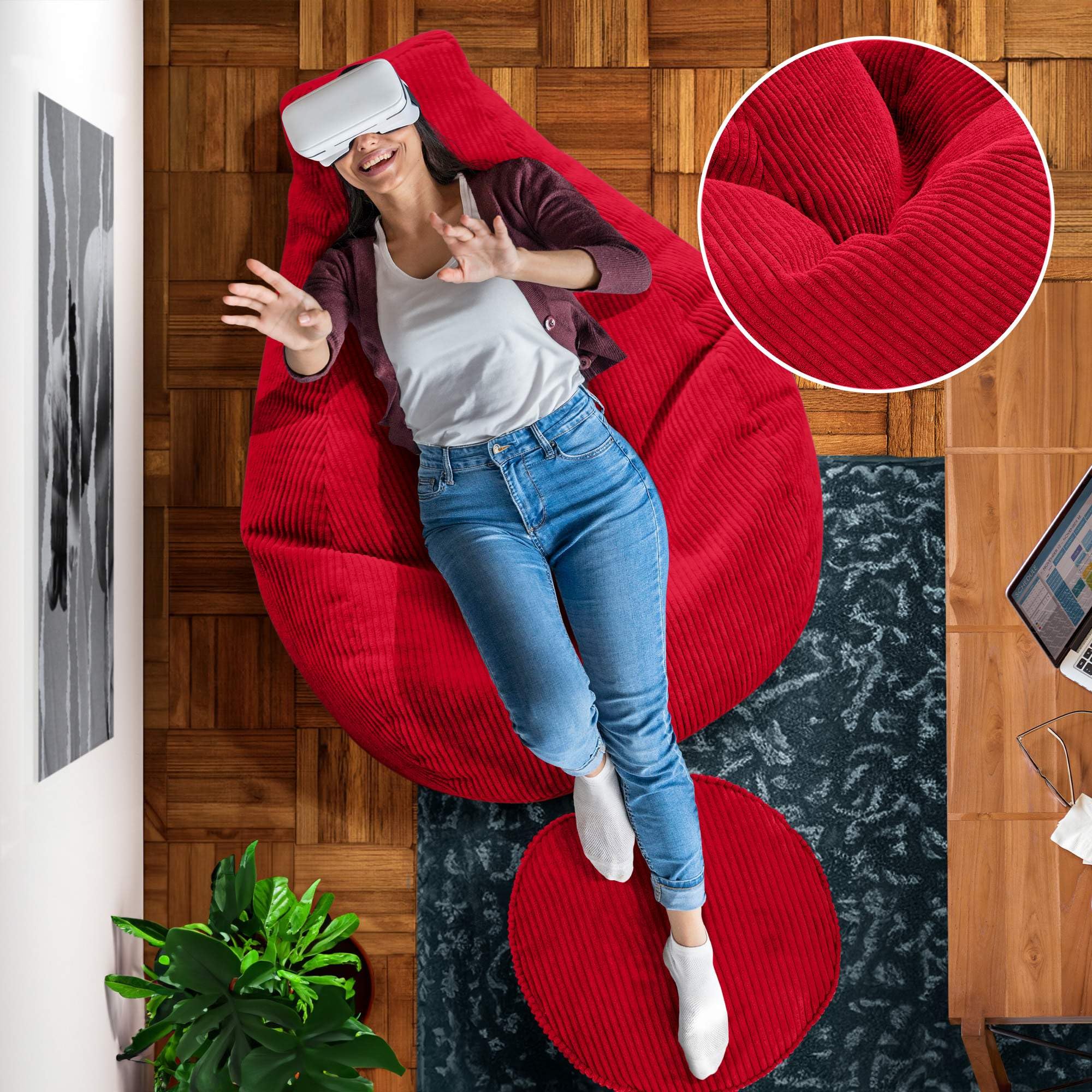 Green Bean© Pouf avec Tabouret en Velours côtelé - Pouf pour Salon, Chambre à Coucher - Fauteuil pour Adulte - Rouge - Environ 230 l - Rembourrage : 90 x 80 x 80 cm et 45 x 25 cm