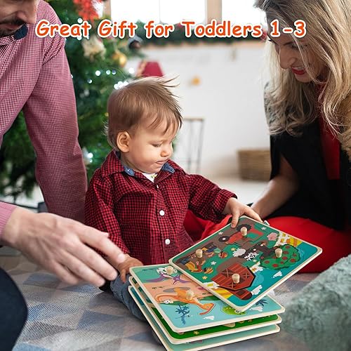 Miniatura 7 de Rompecabezas de madera para niños pequeños de 8.6 x 8.6 pulgadas, rompecabezas de clavijas de gran tamaño mejorados, 4 piezas de patrones de