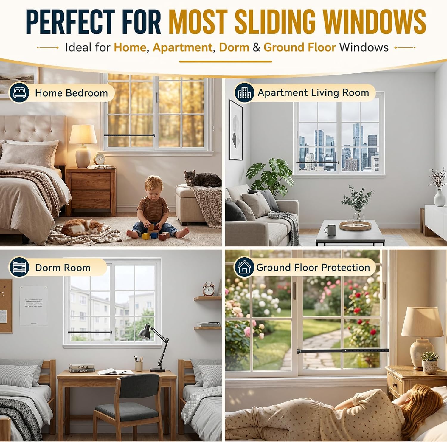 Window Security Bar 17-32 in, Adjustable No Drill Window Lock Bar | Heavy-duty steel, rubber foot pads, child safety lock, inside use, sliding, double hung and up and down windows