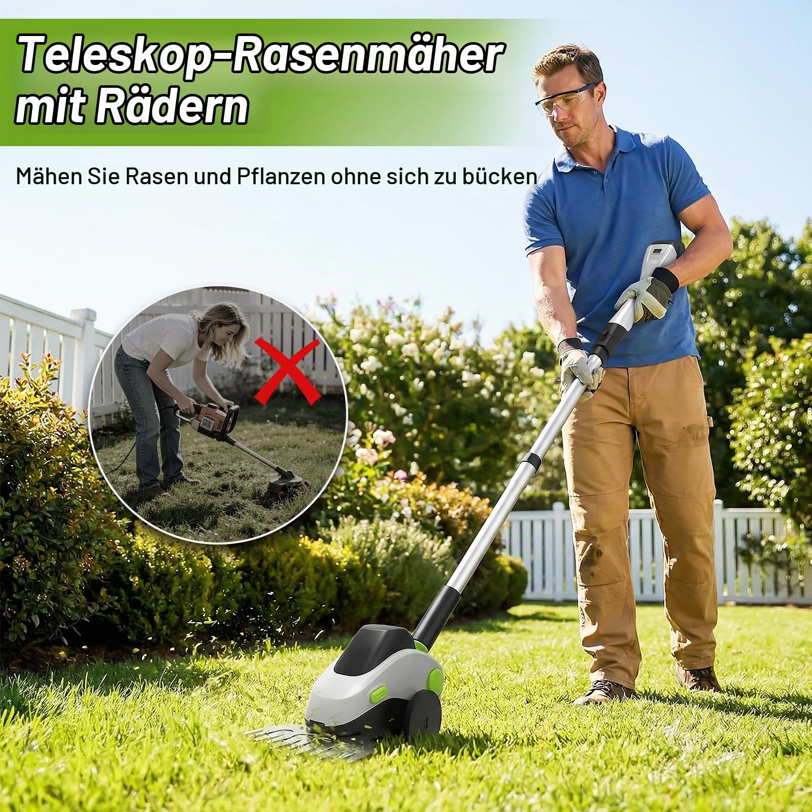 Akku Heckenschere mit Teleskopstiel und Rollen, 4-in-1 Elektro-Teleskop-Astschere & Grasschere mit Leistungsdisplay und 2x21V Akkus, Aluminiumlegierung, Max 1,73m, 110° Verstellbarer Kopf